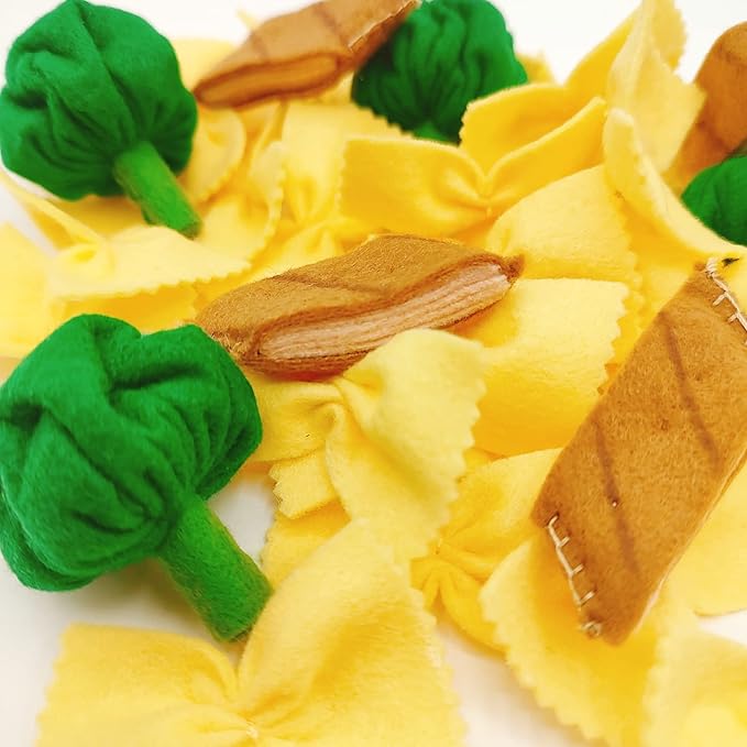 Pasta with broccoli, farfalle, bow tie pasta, felt play food for kids kitchen, pretend play for kids (beige, set 3 (farfalle, broccoli, chicken))