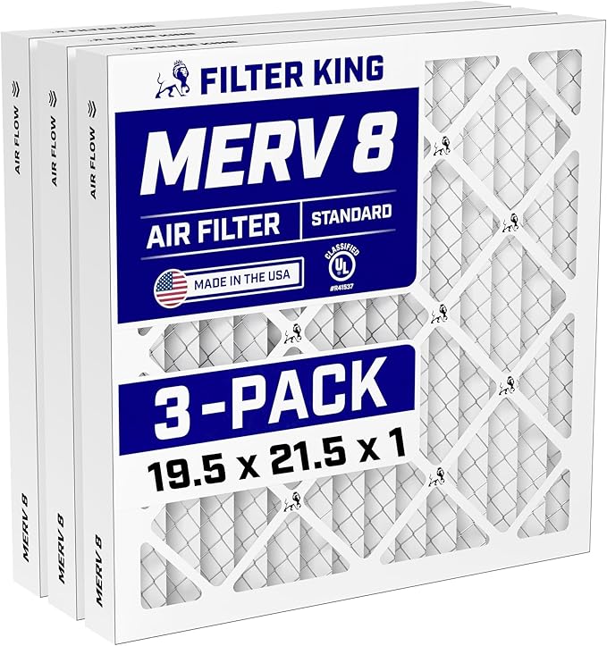 Filter King 19.5x21.5x1 Air Filter (MERV 8) (3-Pack) Dust & Allergy Control AC Furnace Filters, MADE IN USA, HVAC, Pleated, Electrostatic (Actual Size: 19.5 x 21.5 x .75)