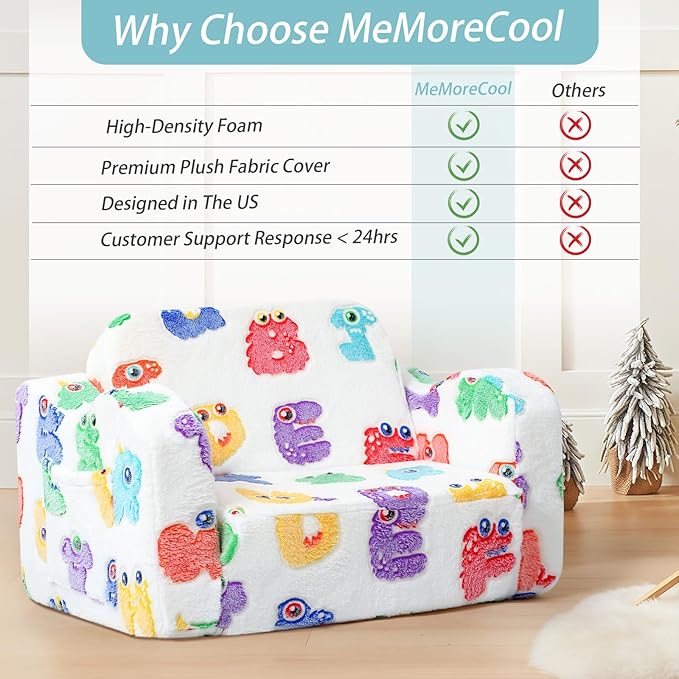 MeMoreCool Glowing Alphabet Monster Kids Chair - 2-in-1 Foldable Kids Couch with Light-Up Letters, Convertible Fold-Out Lounge Seat, Soft Foam Sofa with Washable Cover for Boys and Girls Ages 1-3 | Playroom Seating