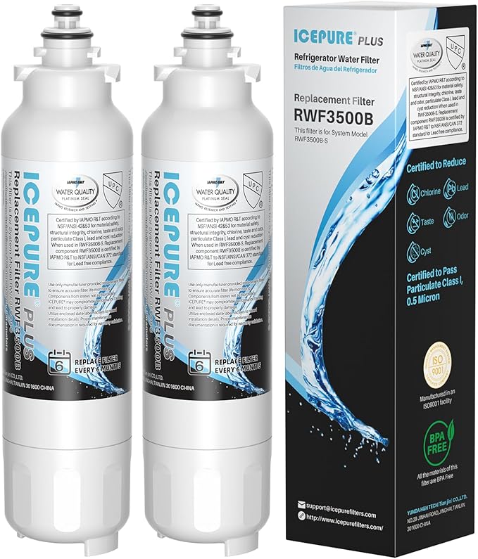 ICEPURE PLUS 46-9490 NSF/ANSI 53 & 42 Certified Refrigerator Water Filter, Remove Lead, Replacement for LG LT800P, ADQ73613401, ADQ73613408, ADQ75795104, LMXS30776S, LSXS26366D, Kenmore 9490, 2PACK