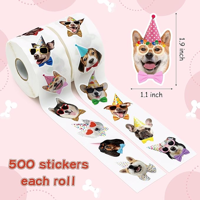 CNhoqc Puppy Birthday Sticker Rolls - 1000pcs Realistic Birthday Dog Hat Waterproof Vinyl Reusable Laptop Letter Stickers Self-Adhesive Scrapbook Water Bottle Greeting Cards Party Supplies Skateboard