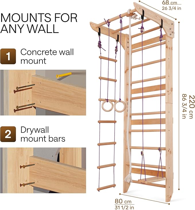 WEDANTA Wooden Swedish Ladder Wall Set – Kids Stall Bars for Exercise – Kids Swedish Gymnastic Wall Gym – Wood Stall Bar Gymnastics Playground – Best Gym for All Family