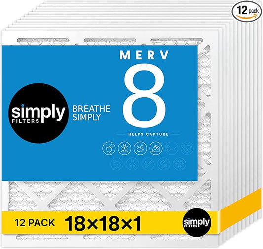 Simply 18x18x1 Air Filter, Merv 8, 12 Pack, For Home AC Furnace & HVAC (Actual Size: 17.75"x17.75"x0.75") DUST, Pet, & Allergy Control