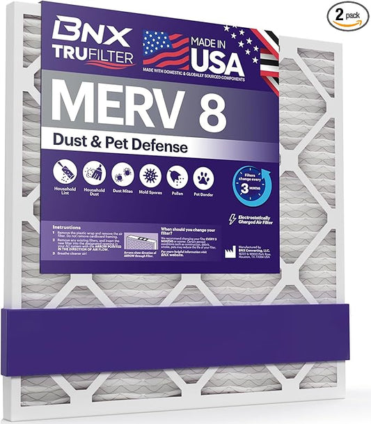 BNX TruFilter 14x25x1 MERV 8 Air Filter 2 Pack - MADE IN USA - Electrostatic Pleated Air Conditioner HVAC AC Furnace Filters - Removes Dust, Mold, Pollen, Lint
