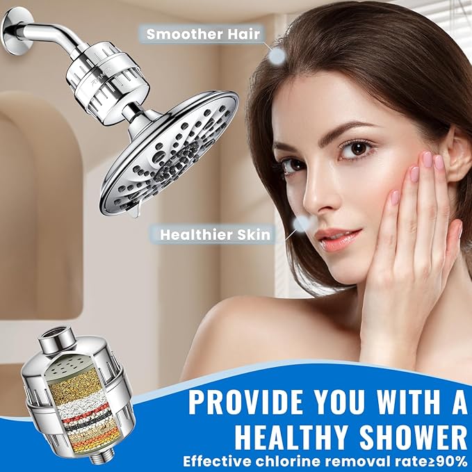 Ryamen Heavy Duty Shower Filter, Shower Water Filter, 99% REMOVAL Shower Head Filter for Hard Water, Heavy Metals, Chlorine (2 Cartridges, Silver)