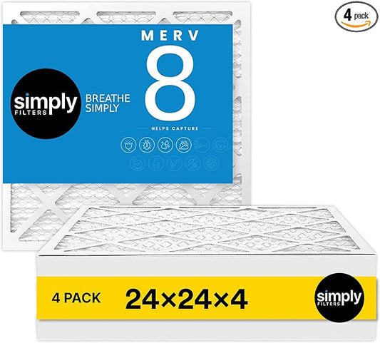 Simply 24x24x4 Air Filter, MERV 8, 4 Pack, Furnace Air Filter for HVAC (Actual Size: 23.5"x23.5"x3.63") DUST, Pet & Allergy Control