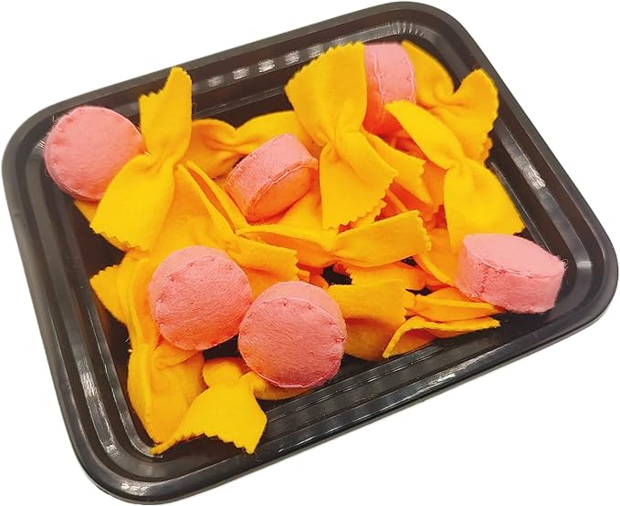Felt play food Pasta farfalle with sausage for pretend play in kids kitchen, plush fake realistic bow tie (yellow farfalle, Large set (24 farfalle, 6 sausages))
