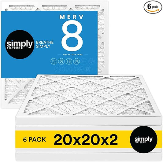 Simply 20x20x2 Air Filter, MERV 8, 6 Pack, Furnace Air Filter for HVAC (Actual Size:19.5"x19.5"x1.75") DUST, Pet, & Allergy Control