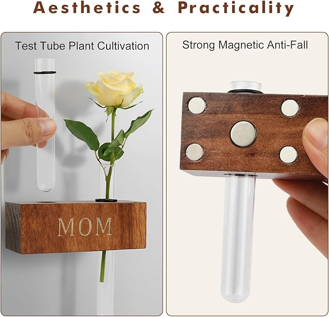 Mini Magnetic Wooden Vases with Love You Engraving - Wood Blocks with Test Tubes, Tabletop & Fridge Decor, Mom Gifts from Daughter, Unique Birthday Gifts for Mom from Son(Oak)