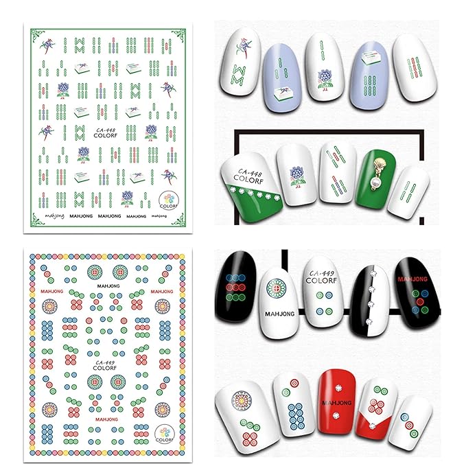 Funny Mahjong Nail Art Stickers - Chinese Playing Cards Game Design, 3D Decals, Luck Nail Art Supplies (6 Sheets)