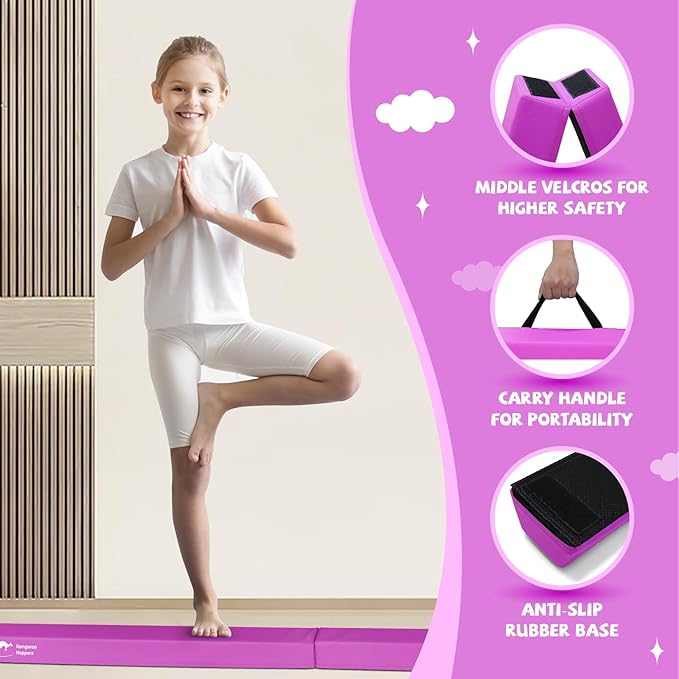 Kangaroo Hoppers Folding & Adjustable Balance Gymnastics Beam for Kids Ages 3-12, Extra Firm Floor Beam for Beginners and Professionals Home Training Equipment with Anti-Slip Foot, 8FT / 40 Inch