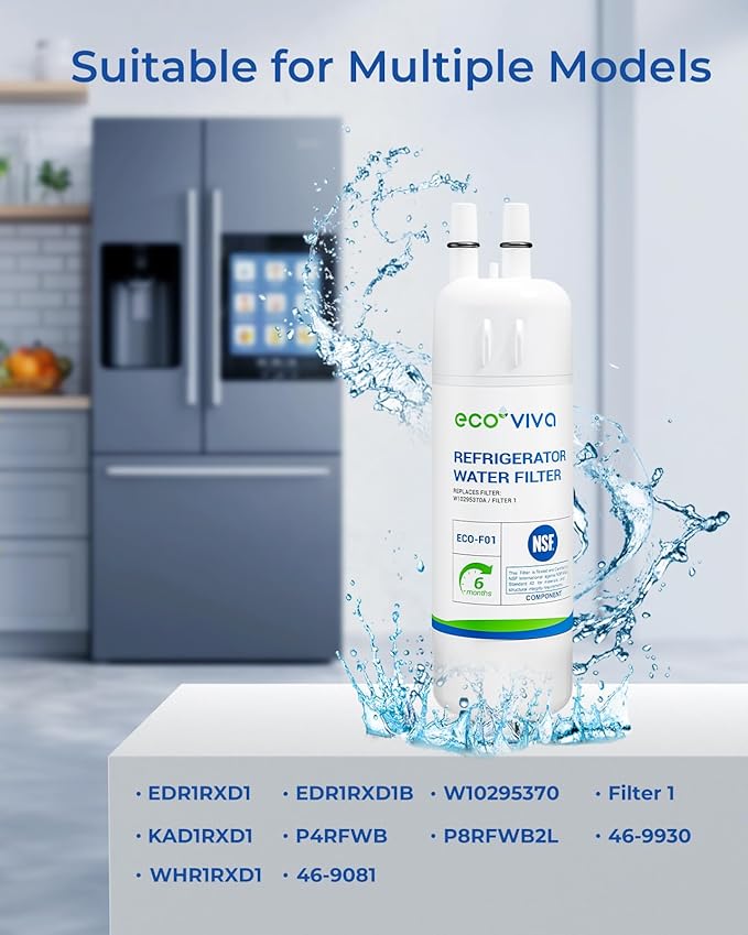 Ecoviva EDR1RXD1 Refrigerator Water Filter, Replacement Compatible with W10295370A, Filter 1, EDR1RXD1B, W10295370, WHR1RXD1, KAD1RXD1, P4RFWB, P8RFWB2L, 46-9930, 46-9081, 2 Pack
