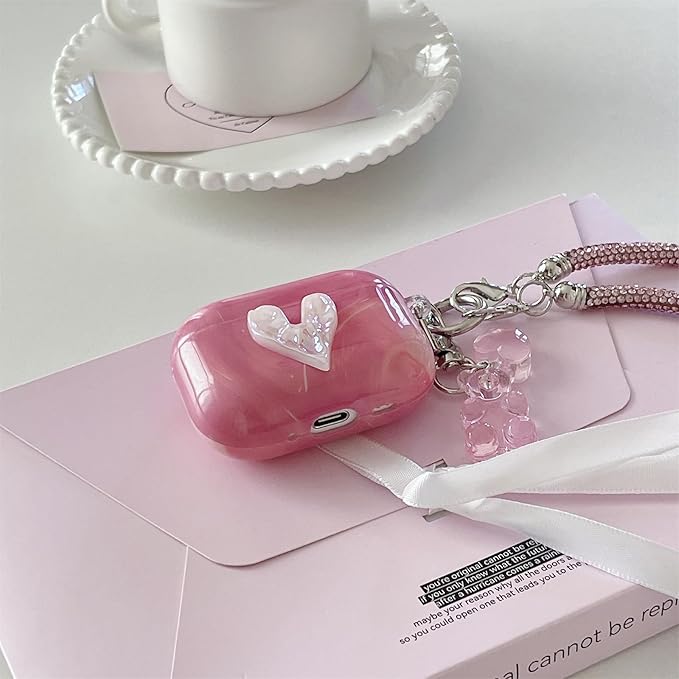 Pink Marble with 3D Raised Heart Silicone Case for AirPods Pro 3 (2025) - Cute Shockproof Cover with Detachable Long Neck Lanyard, Travel Keychain, MagSafe Compatible,for Women