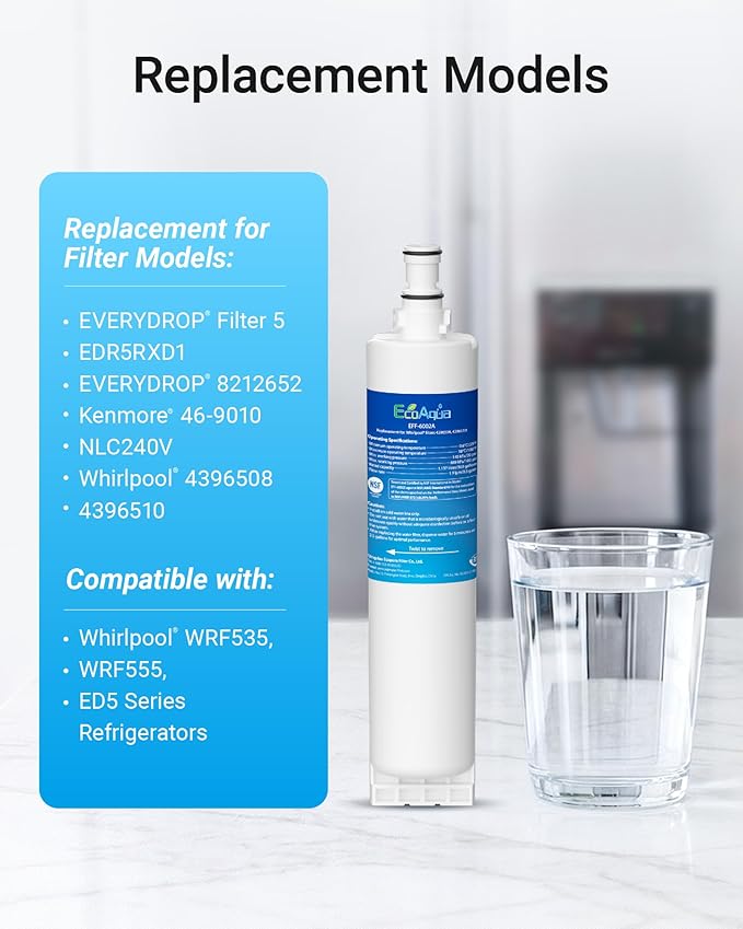 EcoAqua 4396508 Refrigerator Water Filter, Replacement for Everydrop® Filter 5, EDR5RXD1, Whirlpool® WF-NLC240V, 4396510, NLC240V, PNL240V, 4396508p, 4396547, 4392857, LC400V, 2-Pack