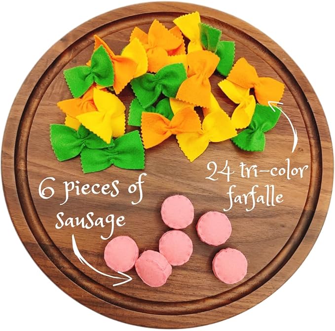 Felt play food Pasta farfalle with sausage for pretend play in kids kitchen, plush fake realistic bow tie (tri-color farfalle, Large set (24 farfalle, 6 sausages))