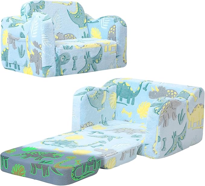 MeMoreCool Glowing Dinosaur Kids Chair, 2-in-1 Convertible Kids Couch Fold Out to Lounger, Glow-in-the-Dark Dino Sofa for Boys Ages 1-3, Soft Foam Flip-Out Seat with Washable Cover, Sky Blue | Reading, Relaxing