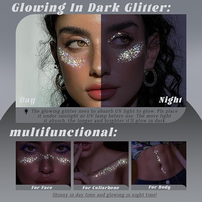 Noerrors Glitter Freckles Glow in Dark Mermaid Face Glitter Set Star Gold Freckle Makeup Patches Nightglow Sparkle Shimmer Cute Faux Speckles Tattoo Sticker for Singer Music Festival Christmas Party