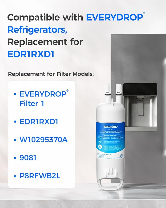 Waterdrop EDR1RXD1 Replacement for Everydrop® Filter 1, W10295370A, EDR1RXD1B, P8RFWB2L, P4RFWB, WD-F38, 46-9081, 46-9930 Refrigerator Water Filter, 4 Pack
