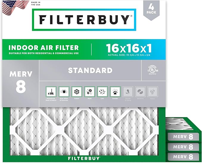 Filterbuy 16x16x1 Air Filter MERV 8 Essential Dust & Allergy Defense (4-Pack), Electrostatic Pleated HVAC AC Furnace Filters Replacement (Actual Size: 15.75 x 15.75 x 0.75)