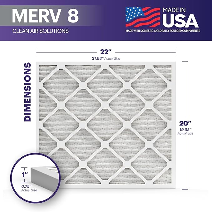 BNX TruFilter 20x22x1 Air Filter MERV 8 (4-Pack) - MADE IN USA – Dust & Pet Defense Electrostatic Pleated Air Conditioner HVAC AC Furnace Filters for Dust, Pet, Mold, Pollen MPR 600 – 700 & FPR 5