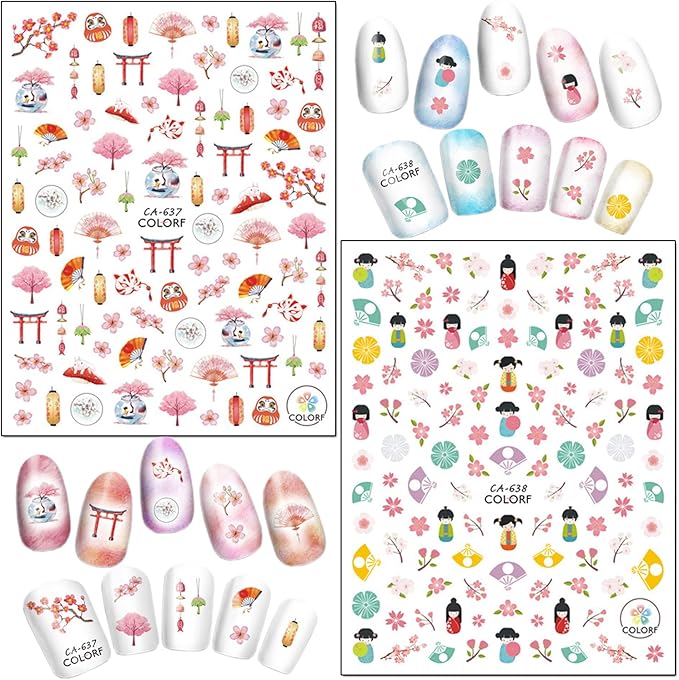 Japanese Style Nail Art Stickers, Cherry Blossoms Nail Art Decals 3D Self-Adhesive Flowers Nail Stickers Design Kimono Girl Mask Fan Nail Decal for Women Girls Manicure Decoration DIY Nail Sticker
