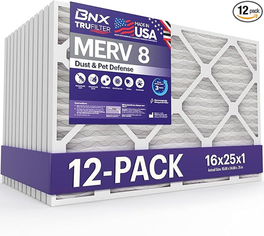 BNX TruFilter 16x25x1 Air Filter MERV 8 (12-Pack) - MADE IN USA – Dust & Pet Defense Electrostatic Pleated Air Conditioner HVAC AC Furnace Filters for Dust, Pet, Mold, Pollen MPR 600 – 700 & FPR 5