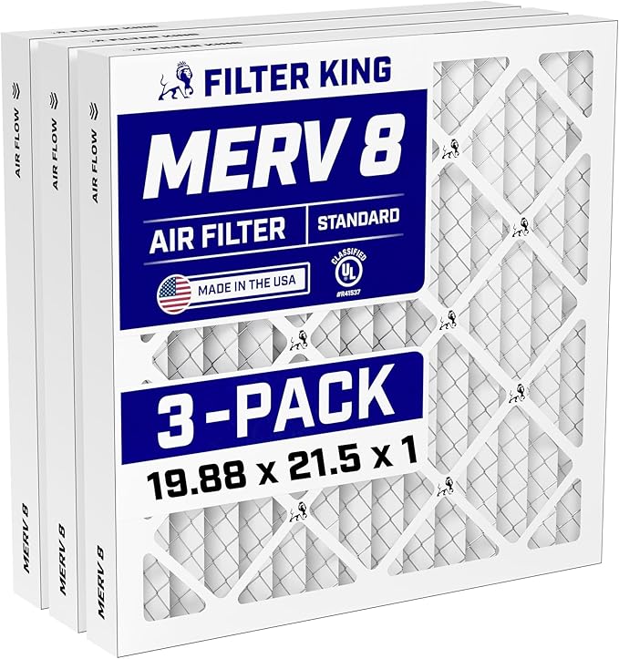 Filter King 19.88x21.5x1 Air Filter (MERV 8) (3-Pack) Dust & Allergy Control AC Furnace Filters, MADE IN USA, HVAC, Pleated, Electrostatic (Actual Size: 19.88 x 21.5 x .75)