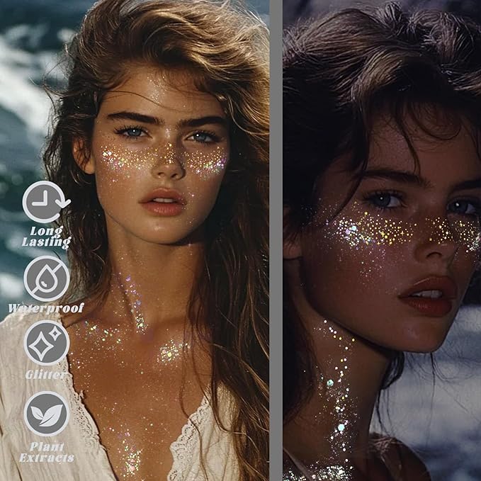 Noerrors Glitter Freckles Glow in Dark Mermaid Face Glitter Set Star Gold Freckle Makeup Patches Nightglow Sparkle Shimmer Cute Faux Speckles Tattoo Sticker for Singer Music Festival Christmas Party