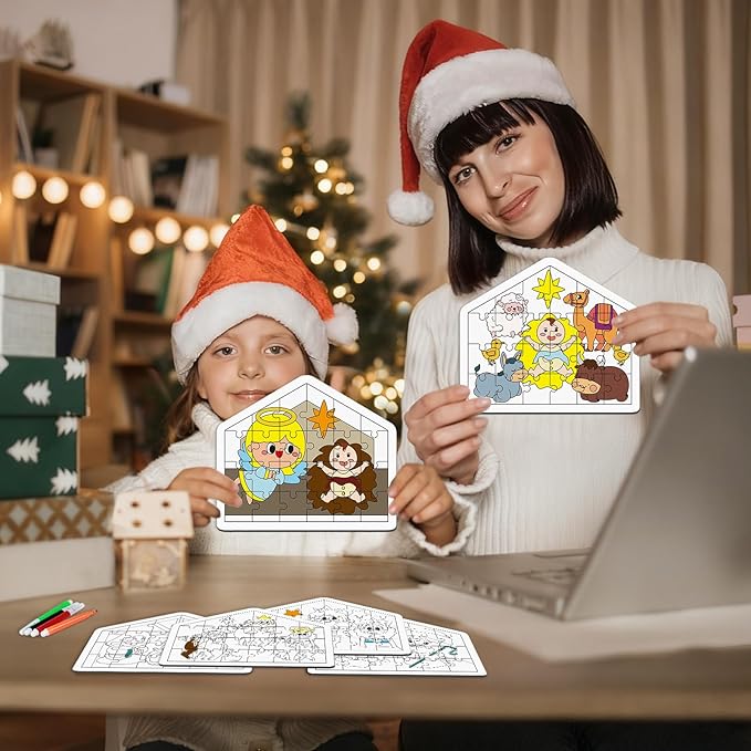 Cinrobiye 24 Pcs Christmas Nativity Coloring Puzzle Craft，DIY Jesus Religious Paper Crafts Make a Nativity Scene Sticker for Christian Holy Night Sunday School Church Classroom Holiday Art Project