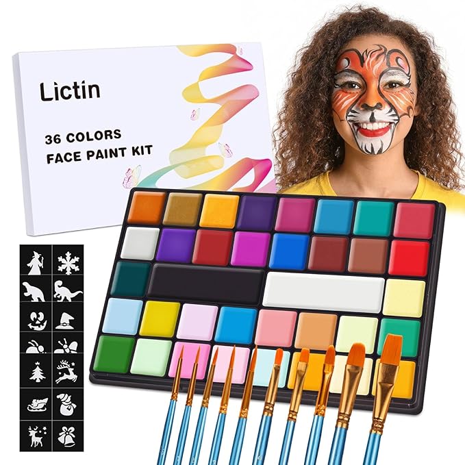 Lictin Water Based Face Paint - 36 Colors Professional Face Painting Kit (20 Classic Colors+8 Metal Colors+8 UV Glow Colors), Halloween Makeup Kit for Adults and Kids