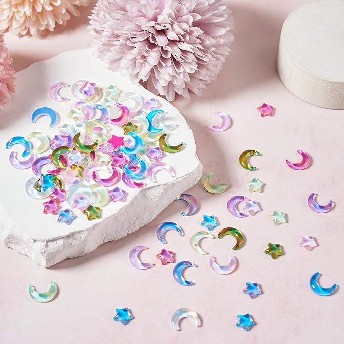 160Pcs Moon Star Nail Charms Crystals Star Moon Nail Gems Crescent Moon Glass Flatback Cabochons Nail Rhinestones 3D Nail Art Jewelry for Manicure Phone Case Mirror Decoration