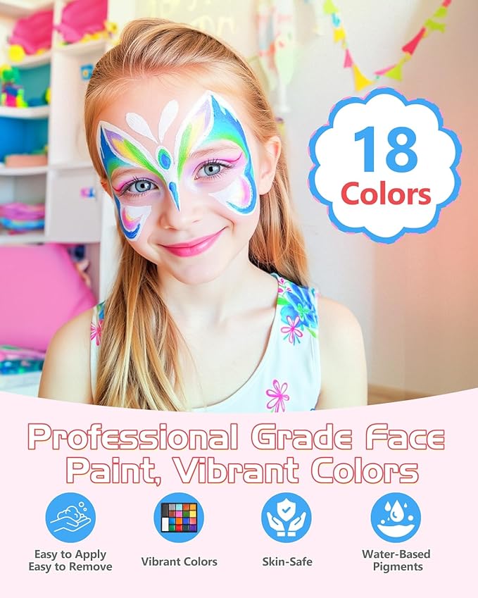 Lictin Water Based Face Paint - 18 Colors Face Painting Kit with Stencils and Brushes, Halloween Makeup Kit for Adults and Kids, Professional Non Toxic Washable