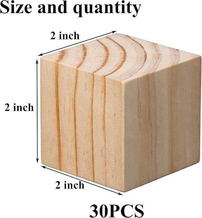 30 Pack Unfinished Wood Blocks 2 Inch - Solid Pine Wooden Cubes for Crafts, Sanded Smooth Natural Wood Squares for Painting, DIY Projects, Puzzle Making & Home Decor