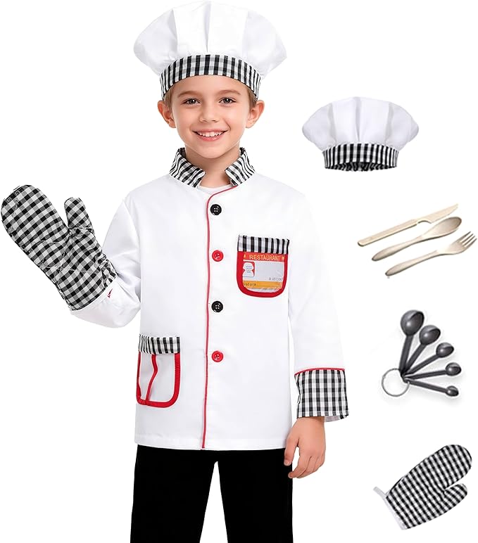 Kids Chef Costume Pretend Chef Outfit Restaurant Dress Up for Cooking Playing, Halloween