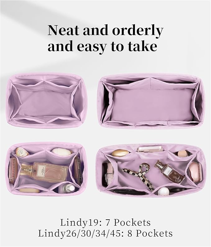 Bag Insert for Lindy 19, Lightweight Purse Organizer for Luxury Bags, Satin Fabric Inner Handbag Organizers with Pockets (Mauve Sylvestre, Mini)
