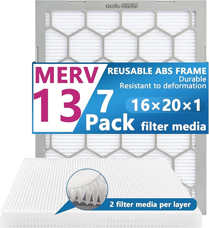 16x20x1 MERV 13 Air Filter,AC Furnace Air Filter,Reusable ABS Plastic Frame, 7 Pack Replaceable Filter Media (Actual Size: 15 3/4" x 19 3/4" x 3/4")
