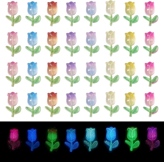 160Pcs Luminous Tulip Nail Charms Glow in The Dark Tulip Resin Cabochons Flat Back 3D Tulip Flower Nail Art Decoration for Women Nail Design Manicure Crafts Phone Case Hair Clip Decor