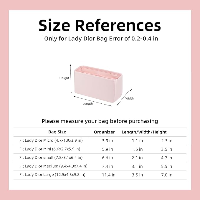 DGAZ Silk Purse Organizer Insert For Lady-Dior Micro/Mini/S/M/L bags，Silky Smooth Bag Organizer，Luxury Handbag & Tote Shaper（Pink，S）