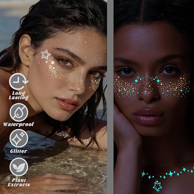 Noerrors Glow in Dark Glitter Freckles Star Gold Freckle Makeup Patches Set Nightglow Sparkle Face Glitter Shimmer Cute Faux Speckles Tattoo Sticker for Singer Music Festival Christmas Party