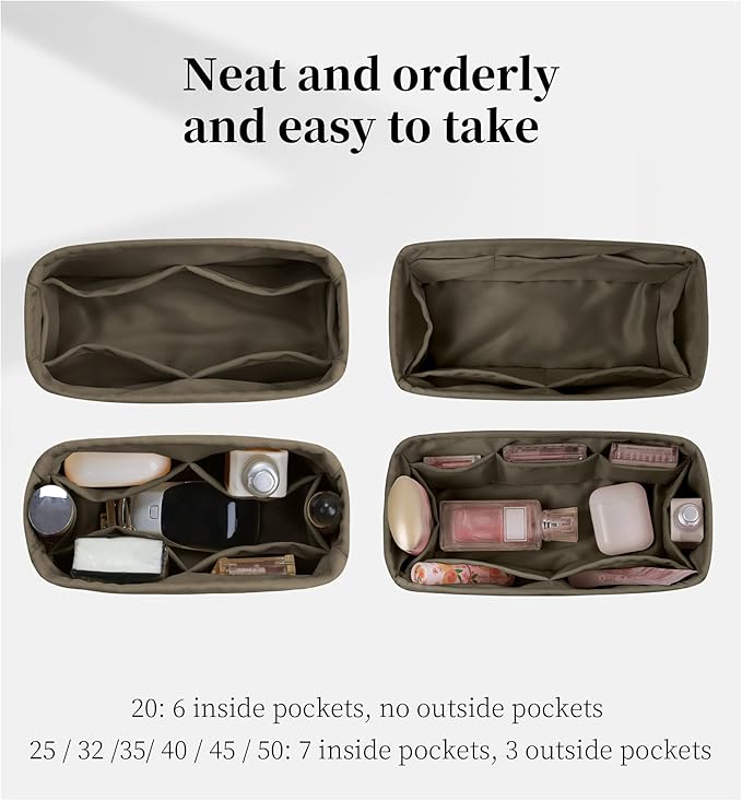 Purse Organizer Insert for Birkin 30, Lightweight & Soft Satin Organizer Insert with Pockets for Woman Bags, Ideal for Travel, Shopping, and Daily Use, Multicolor Options(Etoupe grey, BK30 Retourné)