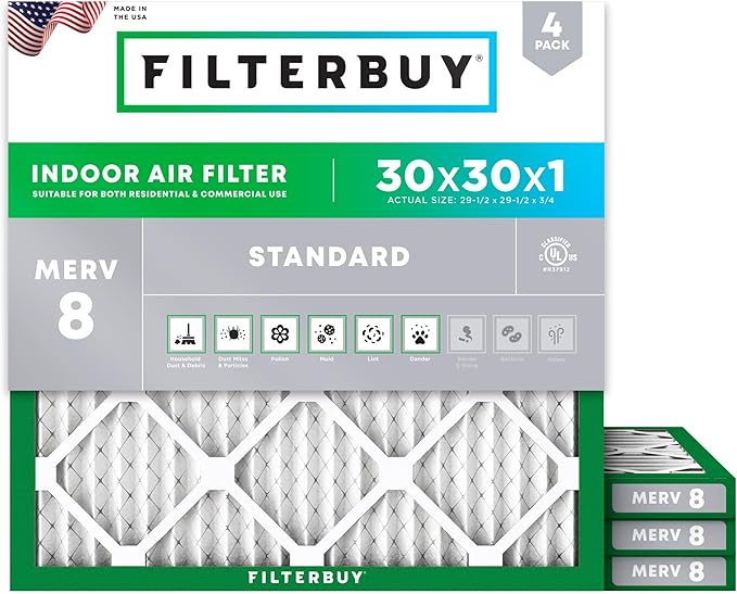 Filterbuy 30x30x1 Air Filter MERV 8 Essential Dust & Allergy Defense (4-Pack), Electrostatic Pleated HVAC AC Furnace Filters Replacement (Actual Size: 29.50 x 29.50 x 0.75)