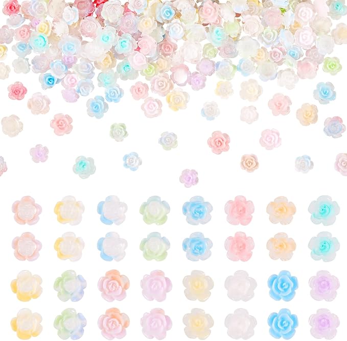 200 Pcs Mini Resin Flower Charms Luminous Rose Flower Flatback Cabochons Glow in The Dark Floral Rose Beads Nail Embellishments for DIY Craft Scrapbooking Hair Clip Decor