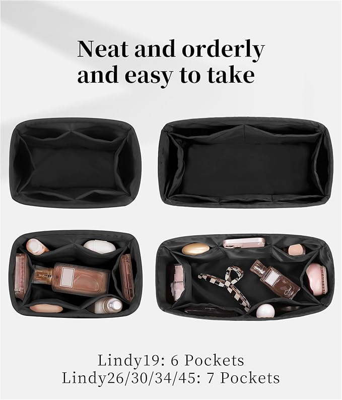 Lindy Bags Organizer Insert, Bag Storage with Silky Satins Material, Lightweight Inner Bag Compatible with Lindy 34 Bag Storage, Handbag Insert with Pockets (Black, Lindy34)