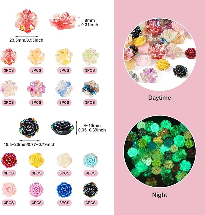 48Pcs Glow in The Dark Flat Back 3D Flower Cabochons Luminous Rose Flower Cabochons Embellishment Resin Floral Spring Beads for Phone Cases Scrapbooking DIY Decoration