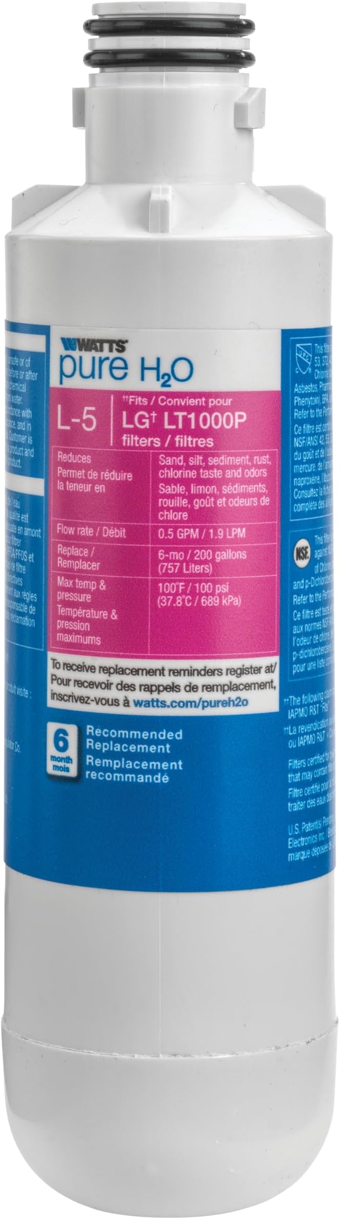 Watts L-5 LG Refrigerator Water Filter Replacement Cartridge, Compatible with LT120F/ADQ73613901, 6-Month Life, Reduces Lead, Chlorine, Taste & Odor, NSF Certified