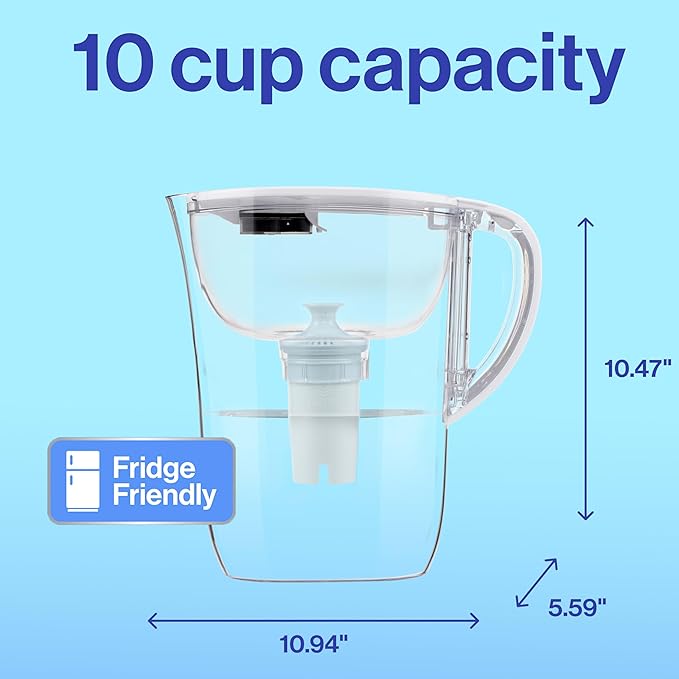 Brita 10 Cup Water Filter Pitcher, Reduces Chlorine, Mercury, Cadmium, Copper and More, Includes 1 Brita Plus Filter, BPA Free, Stone Blue