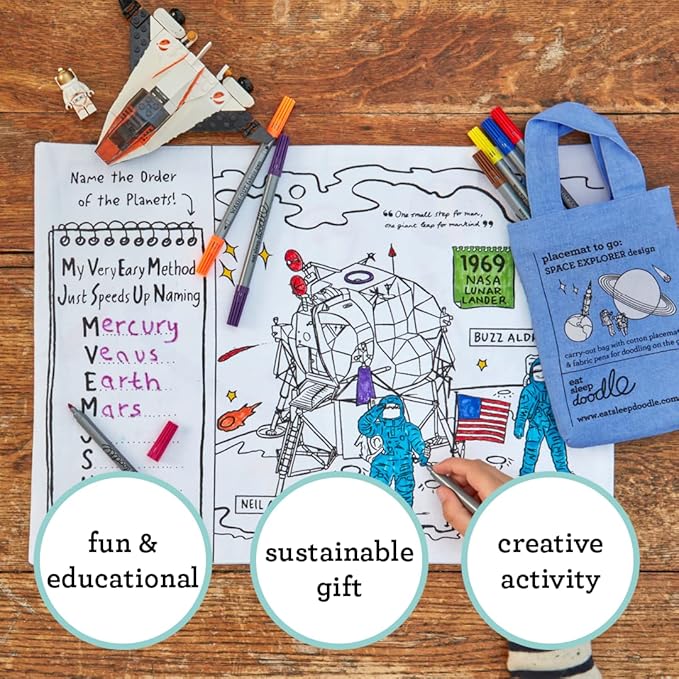 eatsleepdoodle Space, Planets and Spacecraft Cotton placemat to Color-in, Educational Solar System Coloring Placemat, Washable Felt tip Fabric Markers Included