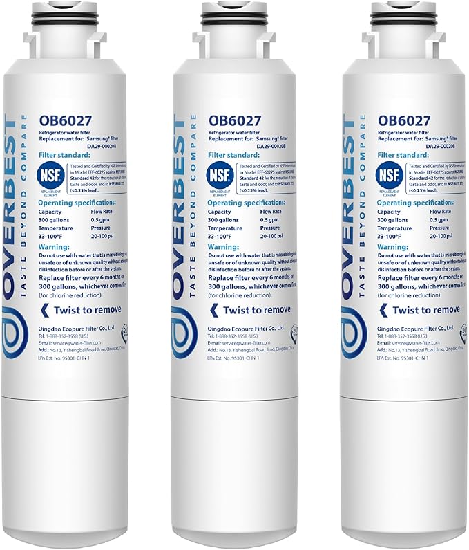 Overbest DA29-00020B Refrigerator Water Filter, Replacement for Samsung® HAF-CIN, 46-9101, RF28HMEDBSR, RF4287HARS, RF263TEAESG, RH22H9010SR, 3 Filters