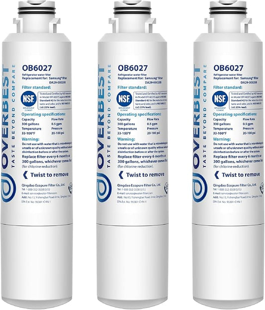 Overbest DA29-00020B Refrigerator Water Filter, Replacement for Samsung® HAF-CIN, 46-9101, RF28HMEDBSR, RF4287HARS, RF263TEAESG, RH22H9010SR, 3 Filters