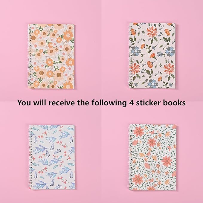 BetterJonny 4 Pcs Reusable Sticker Book Collecting Album Blank Sticker Storage Organizer Book, A5 Size 24 Inner Pages Per Album, Release Paper for Collecting Stickers, Labels(Aesthetic Flowers)
